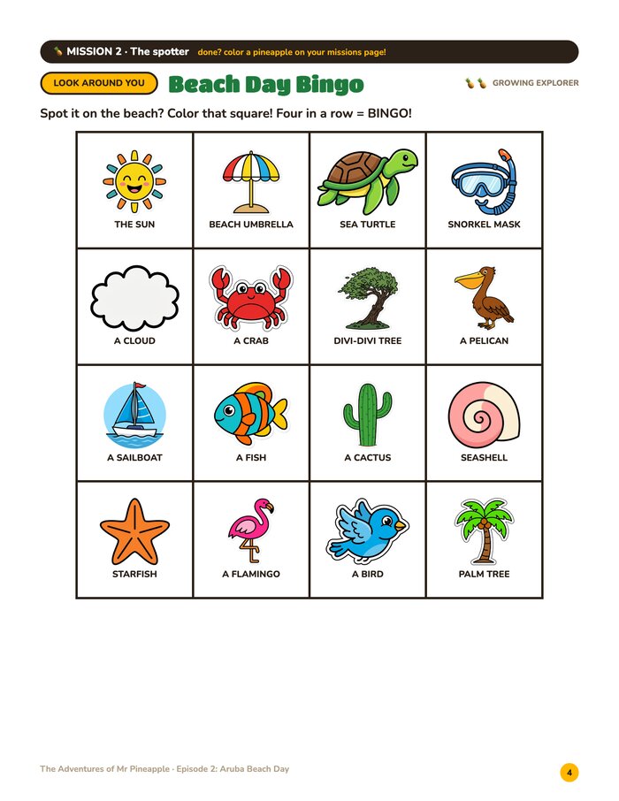 Bingo page from Aruba Beach Day