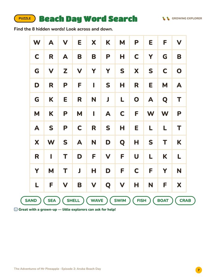 Word search page from Aruba Beach Day