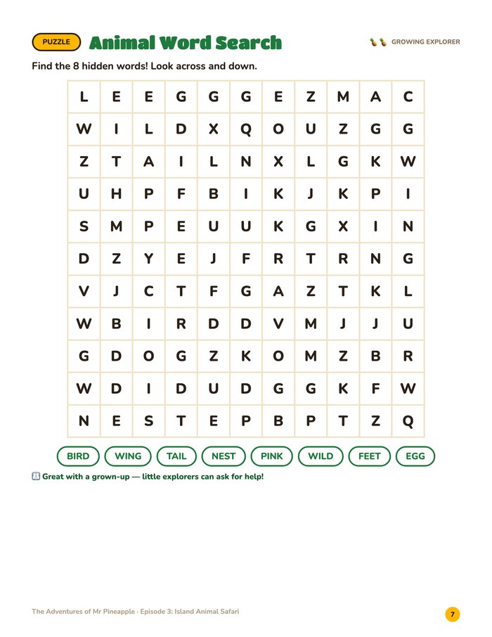 Word search page from Island Animal Safari