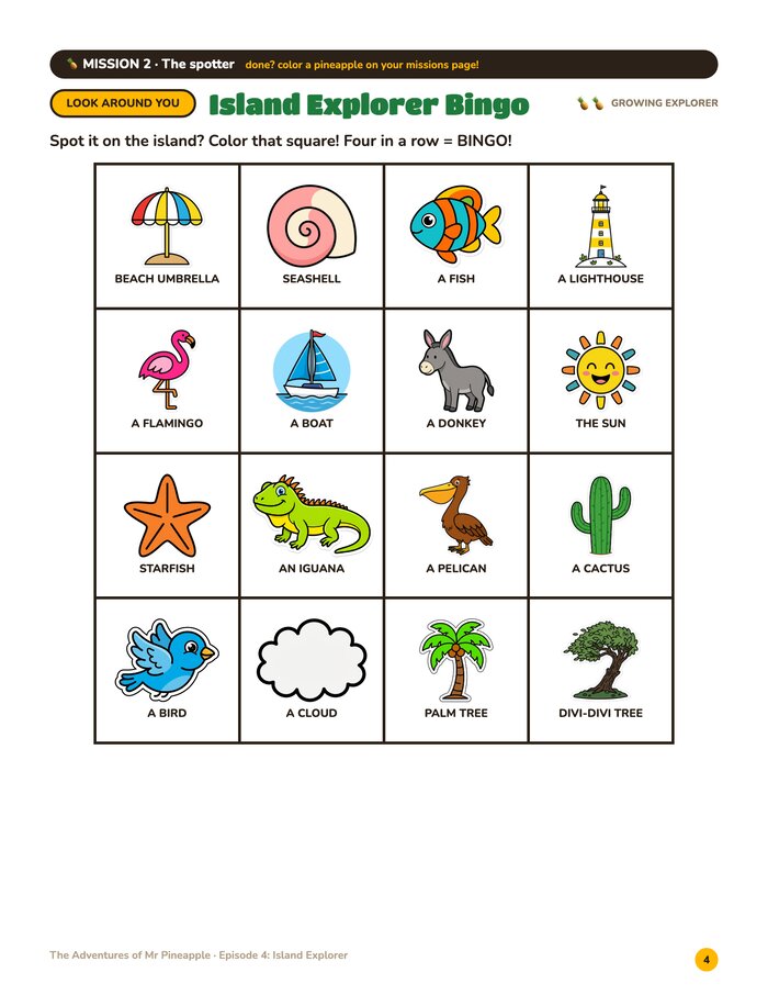 Bingo page from Island Explorer
