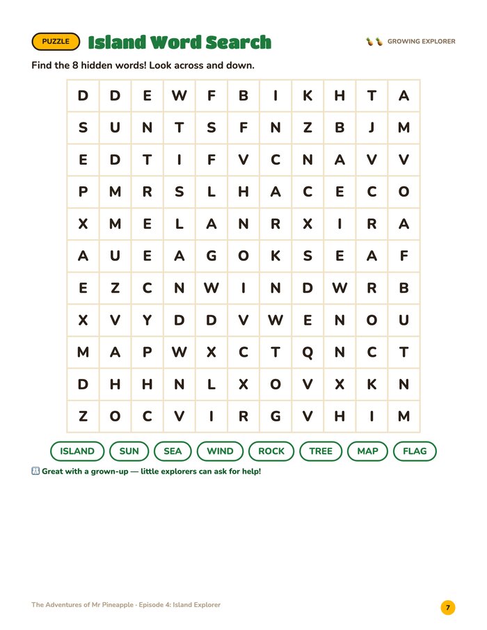 Word search page from Island Explorer