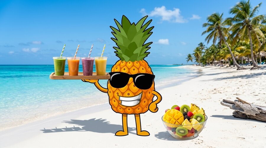 Mr Pineapple presenting fresh fruit smoothies, juices and a bowl of cut tropical fruit in Aruba
